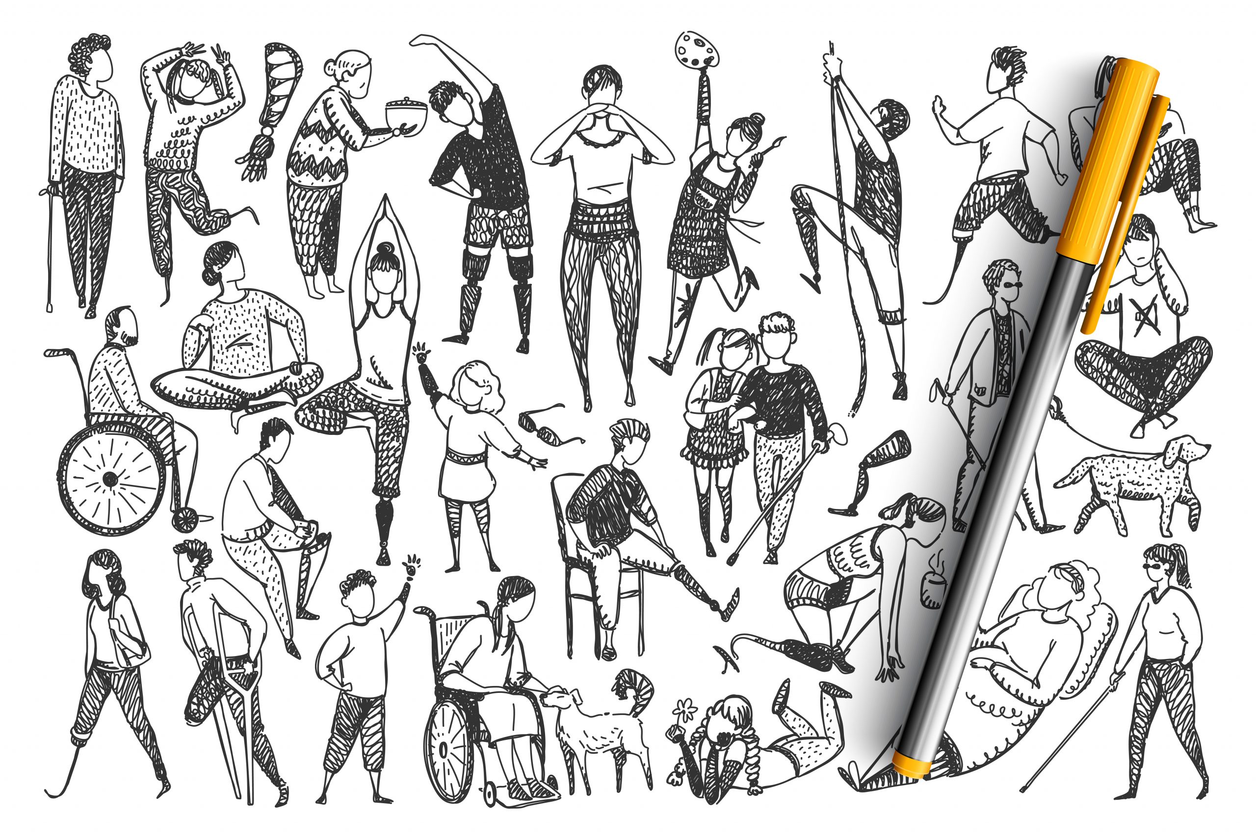 Disabled people hand drawn doodle set